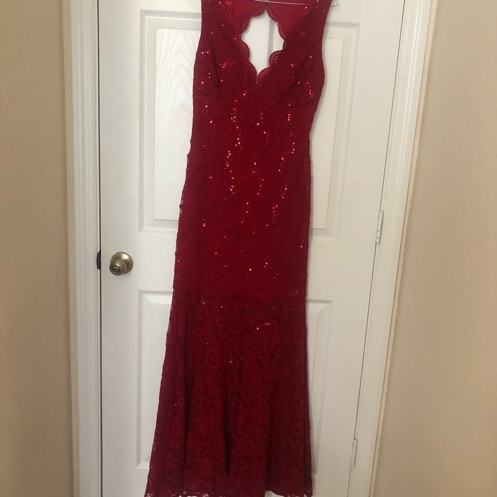 Formal Scallop Full Length Ruby Red Key Hole Dress - image 3